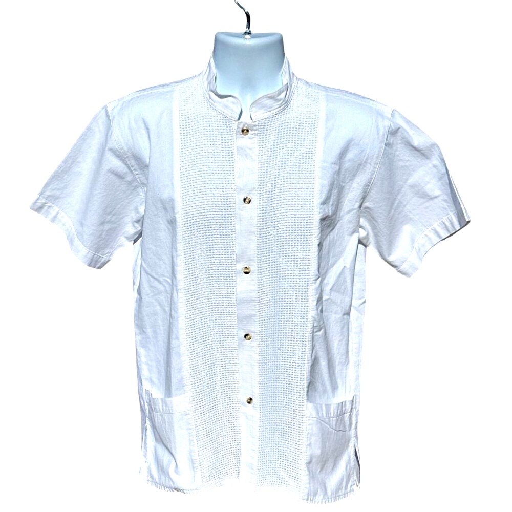 CCC White Short Sleeve Guayabera Shirt Waffle Texture Button Down Mandarin Colla